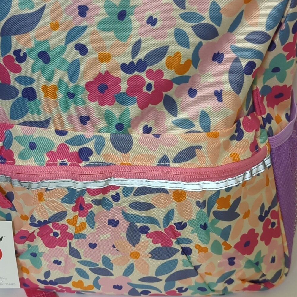 Purple Floral Backpack w Laptop Pocket Reflective Strips - Picture 6 of 7